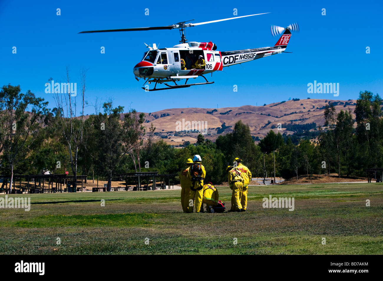 CAL Fire CDF - California Department of Forestry and Fire Protection training exercise with San Jose, CA Fire Department Stock Photo