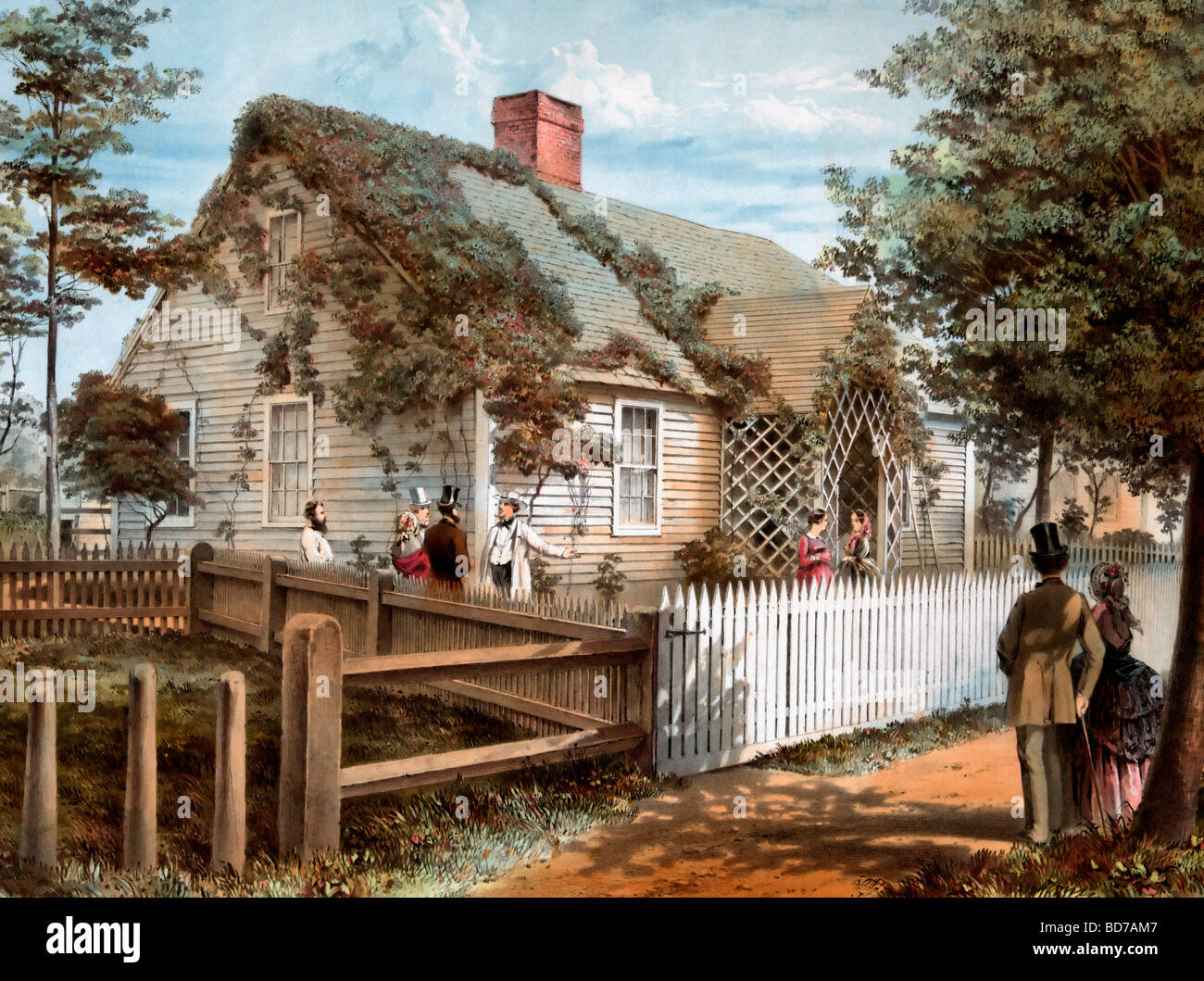 Birthplace of Honorable Stephen A. Douglass, Brandon, Vermont with people talking in its fenced yard. Circa 1859 Stock Photo