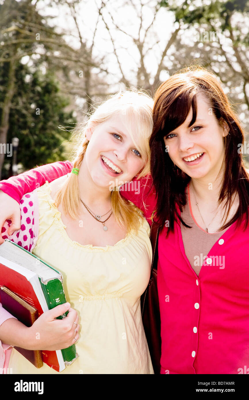 Teen girls on college campus Stock Photo