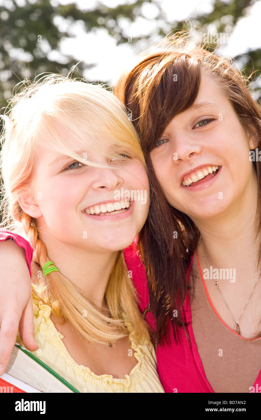 Teen girls on college campus Stock Photo