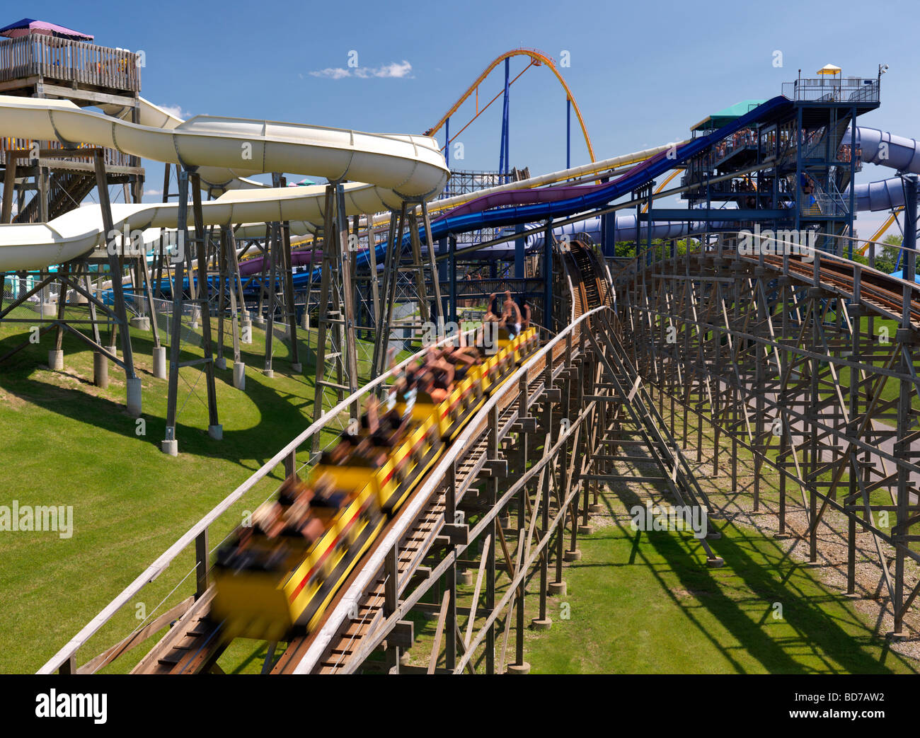 People on wooden roller coaster Mighty Canadian Minebuster at Canada's Wonderland amusement park Stock Photo