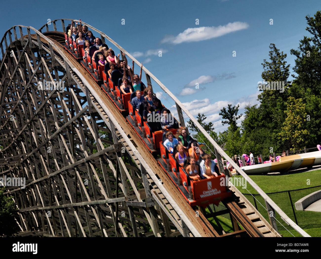 People On Wooden Roller Coaster Mighty Canadian Minebuster At Stock Photo Alamy