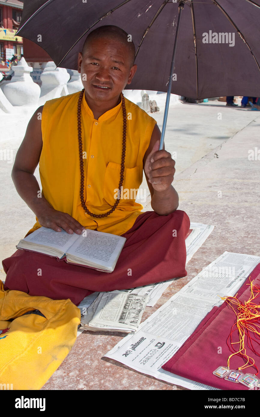 Bodhnath, Nepal.   Buddhist Monk at the Buddhist Stupa of Bodhnath. Stock Photo