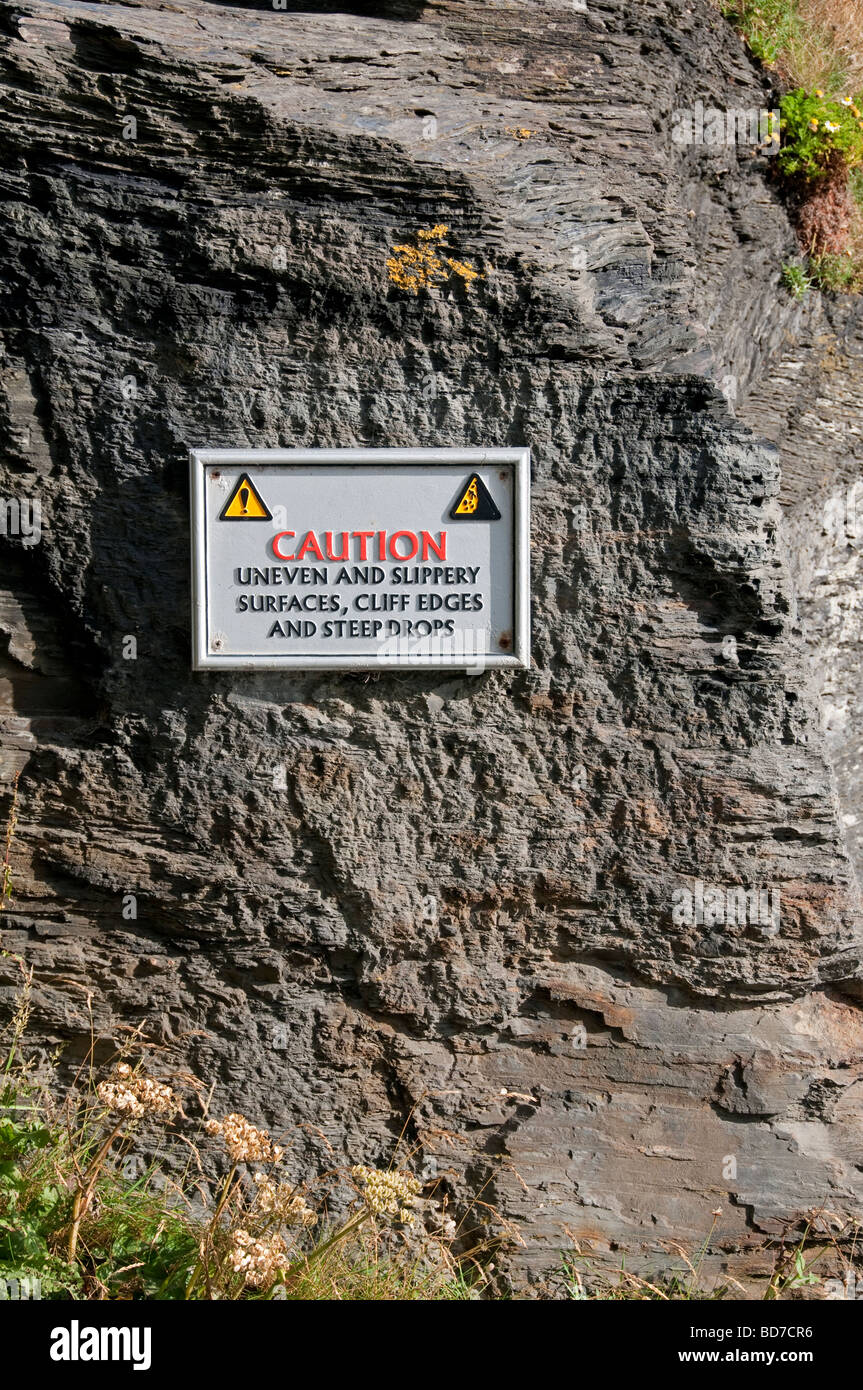 warning notice of slippery surfaces, Boscastle,  Cornwall, England Stock Photo