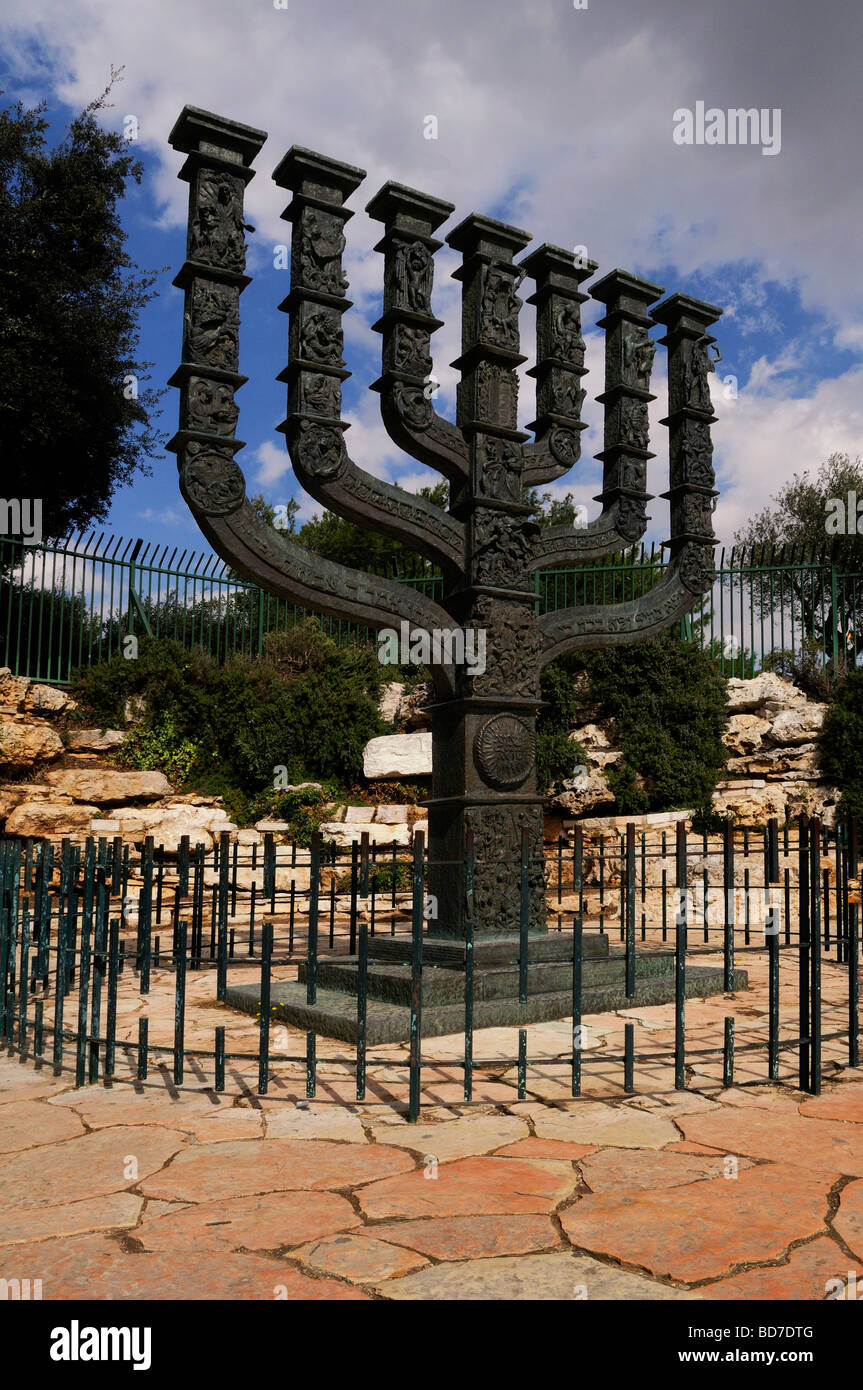 The Knesset Menorah bronze sculpture designed by Benno Elkan ( 1956) in front of the Israeli Knesset parliament building in west Jerusalem Israel Stock Photo