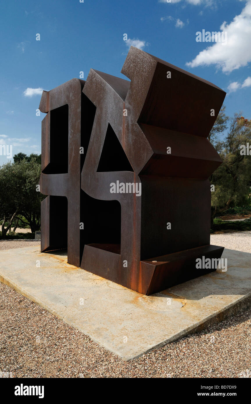 Ahava ( Love ) sculpture by Robert Indiana 1977 depicting Hebrew letters forming that word in Billy Rose art garden of Israel Museum, Jerusalem Stock Photo