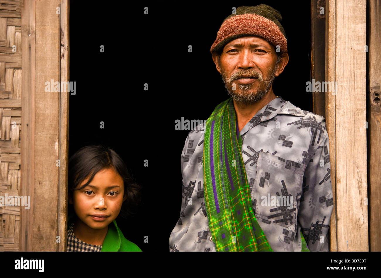 2 traditional tenggerese people father and daughter at bromo,java,indonesia Stock Photo