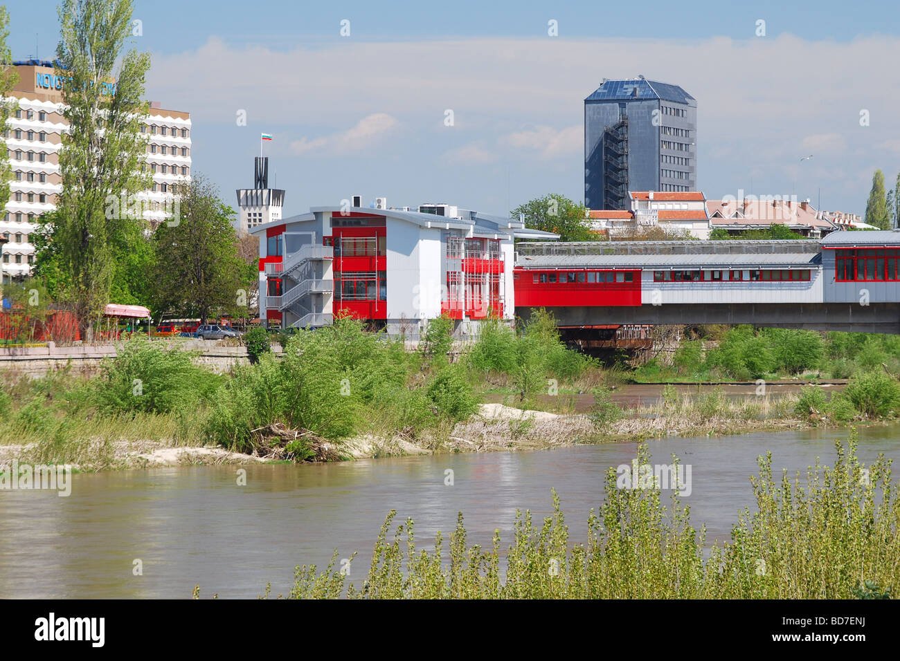 Maritza river, covered bridge, International Fair Plovdiv and Novotel Plovdiv panorama, Bulgaria Stock Photo