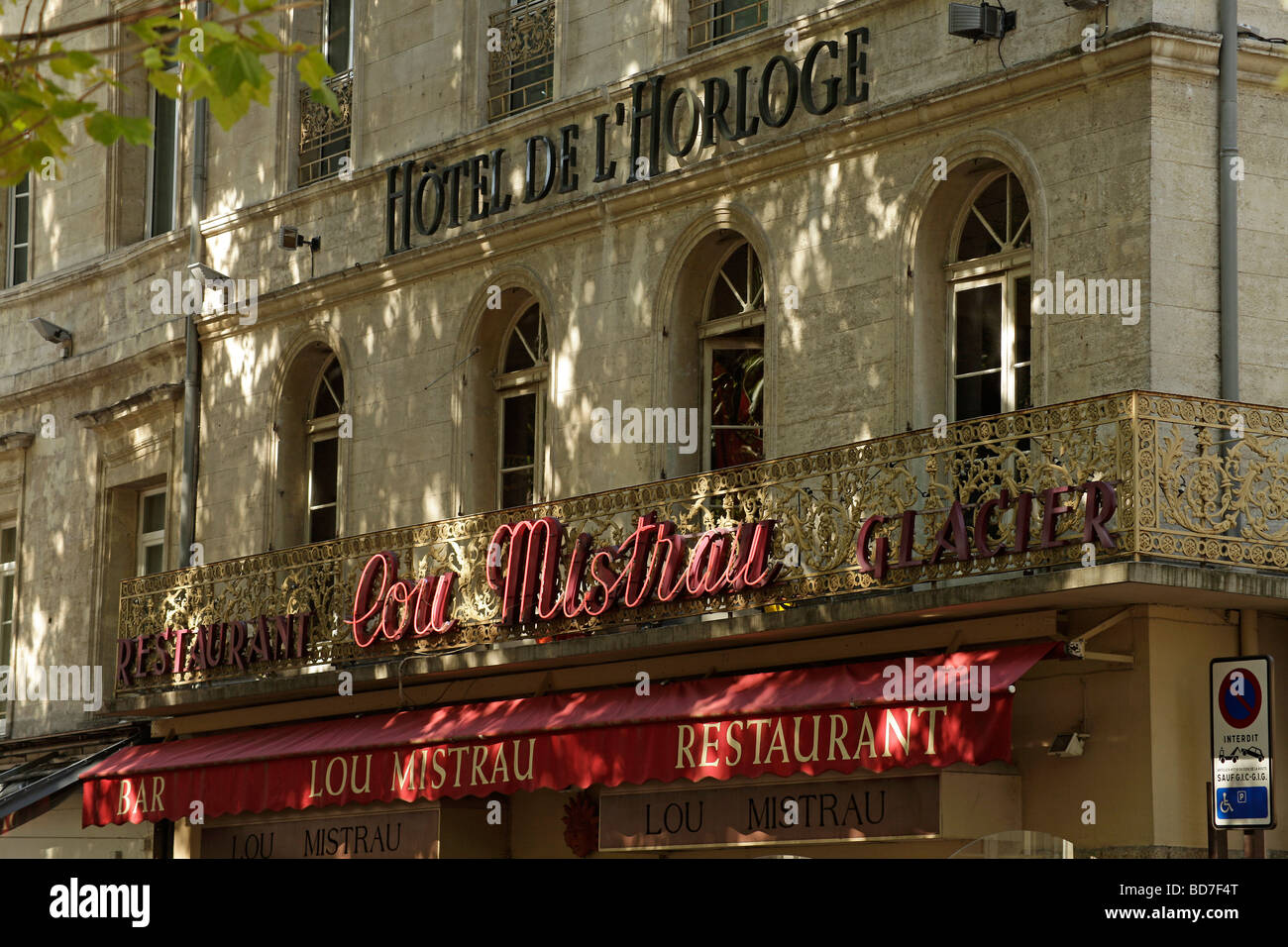 Hotel de l Horloge and restaurant sign Lou Mistrau on the Place de l Horloge Clocktower Square in Avignon Provence France Stock Photo