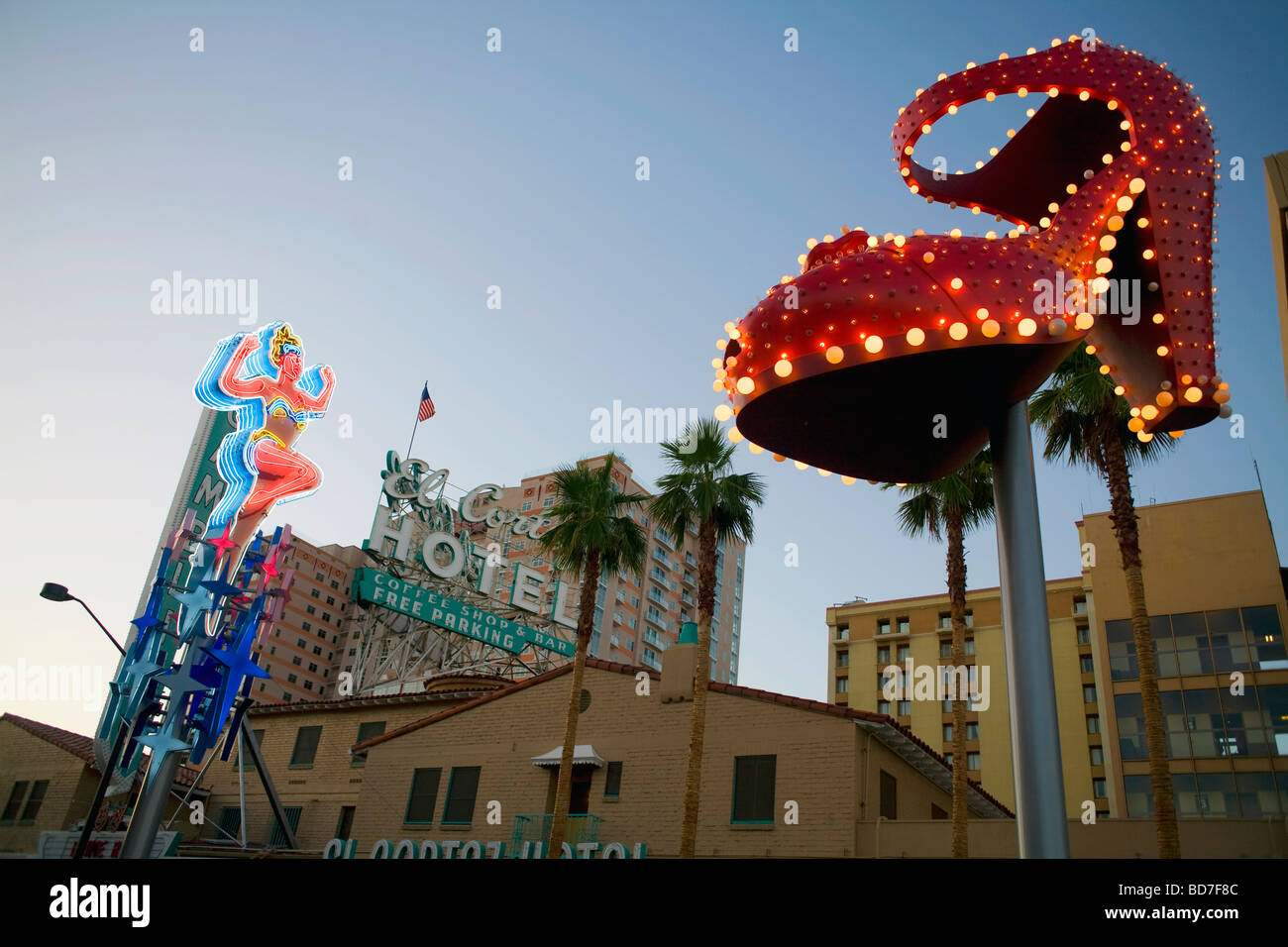 The famous neon signs of Fremont Street at dusk in downtown Las Vegas