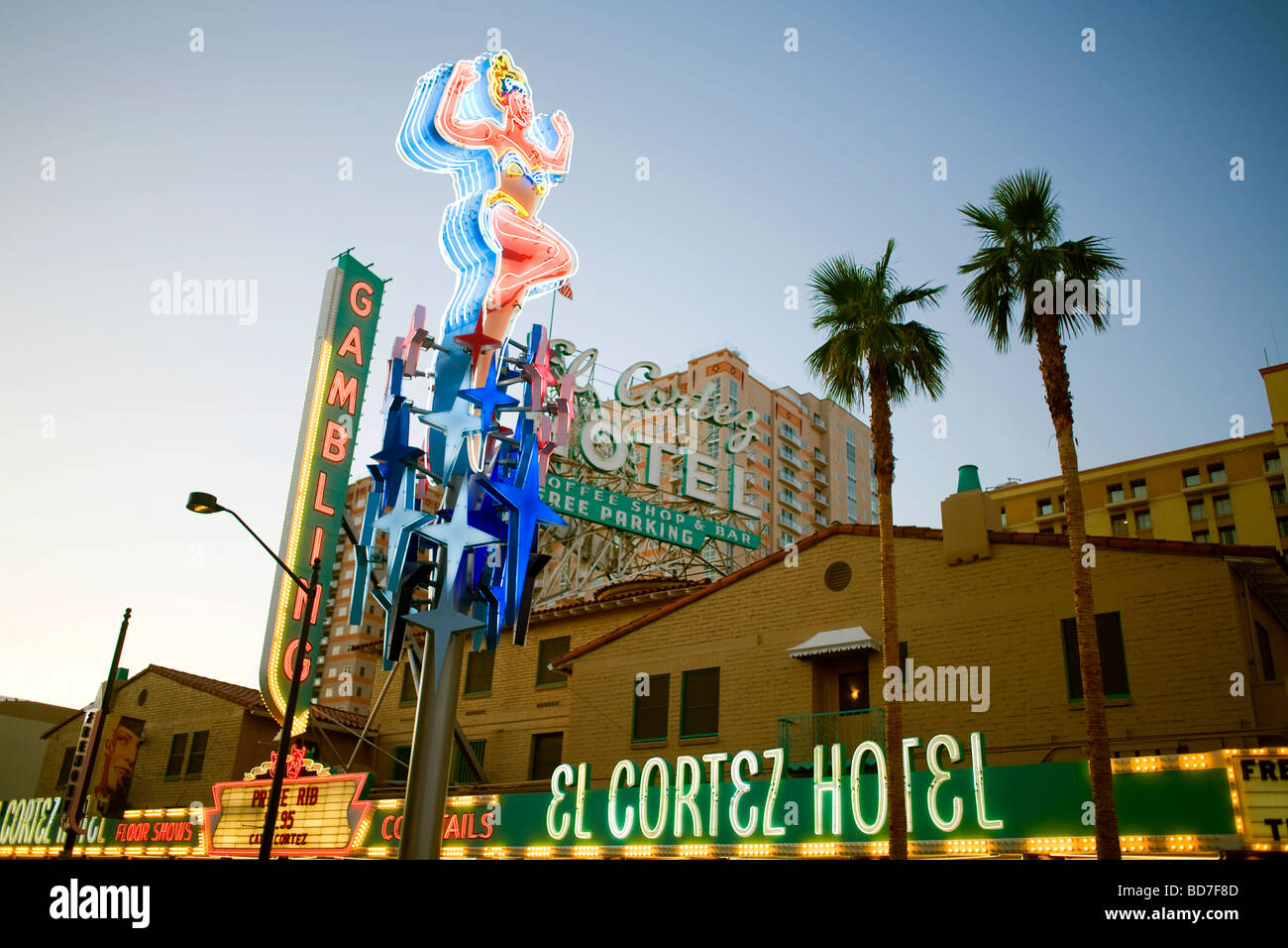 The famous neon signs of Fremont Street at dusk in downtown Las Vegas