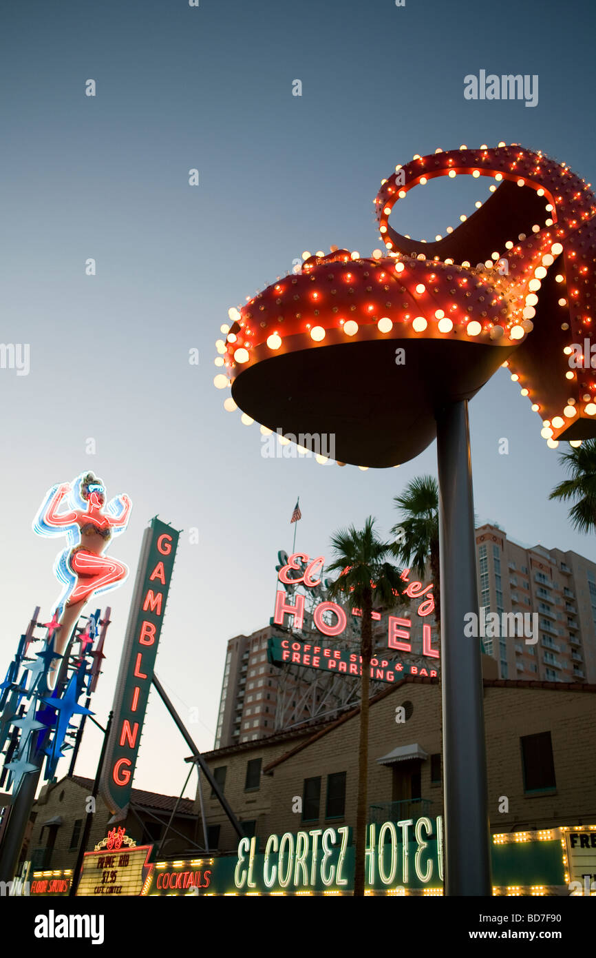 The famous neon signs of Fremont Street at dusk in downtown Las Vegas
