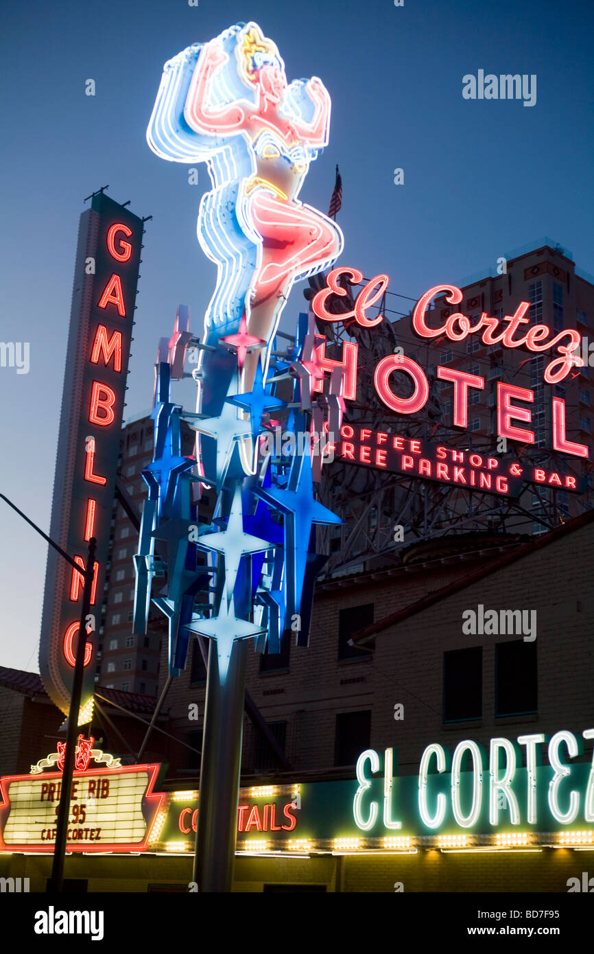 The famous neon signs of Fremont Street at dusk in downtown Las Vegas, Nevada, U.S.A Stock Photo