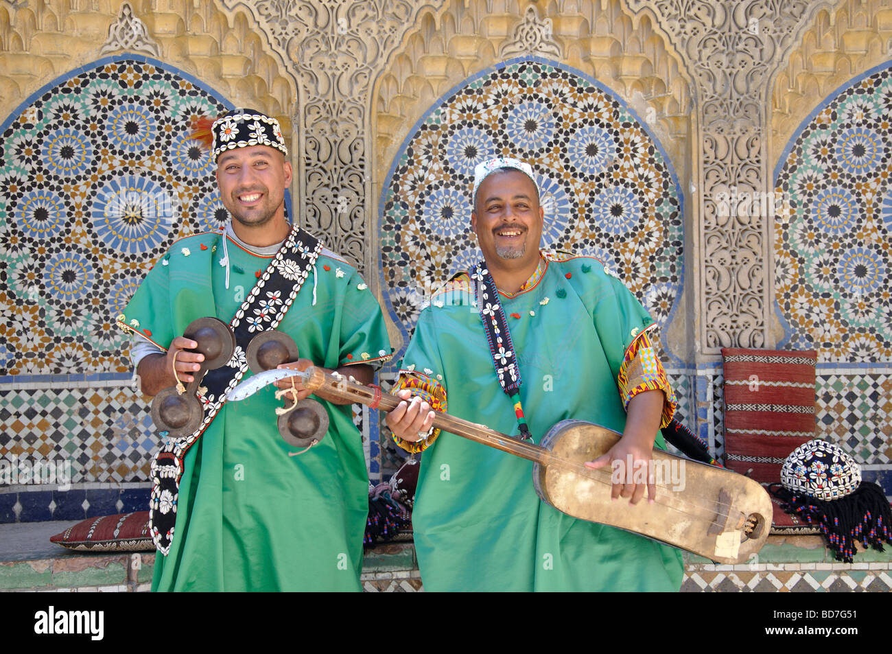 Moroccan Gnawa musicians with guembri, Medina, Tangier, Tangier-Tétouan Region, Kingdom of Morocco Stock Photo