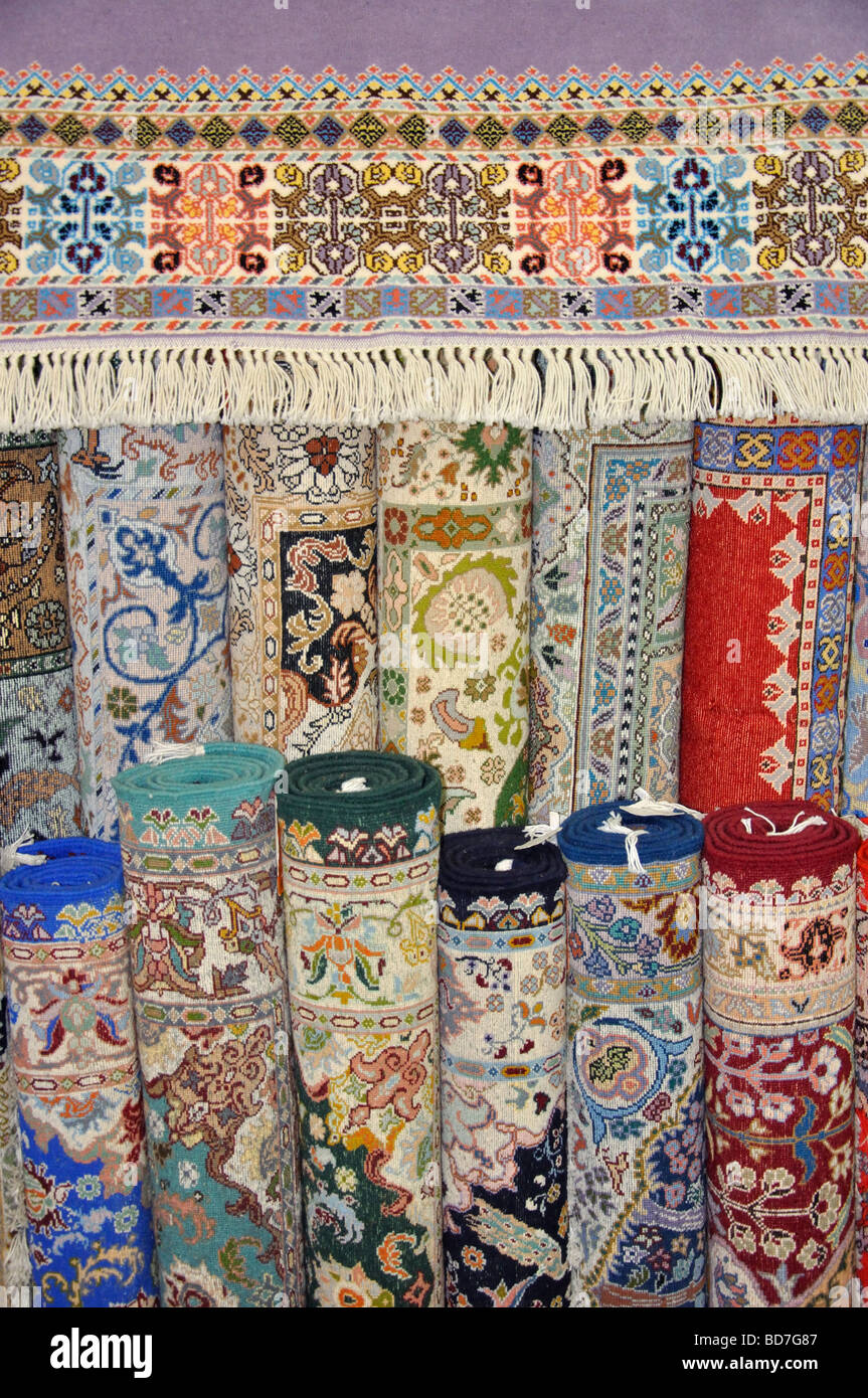 Rolls of Moroccan rugs in carpet store, Tangier, Tangier-Tétouan Region, Morocco Stock Photo