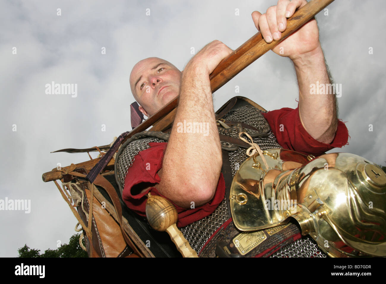 City of Chester, England. A low angled portrait of a Roman Centurion from the Chester based Roman Tours Ltd. Stock Photo