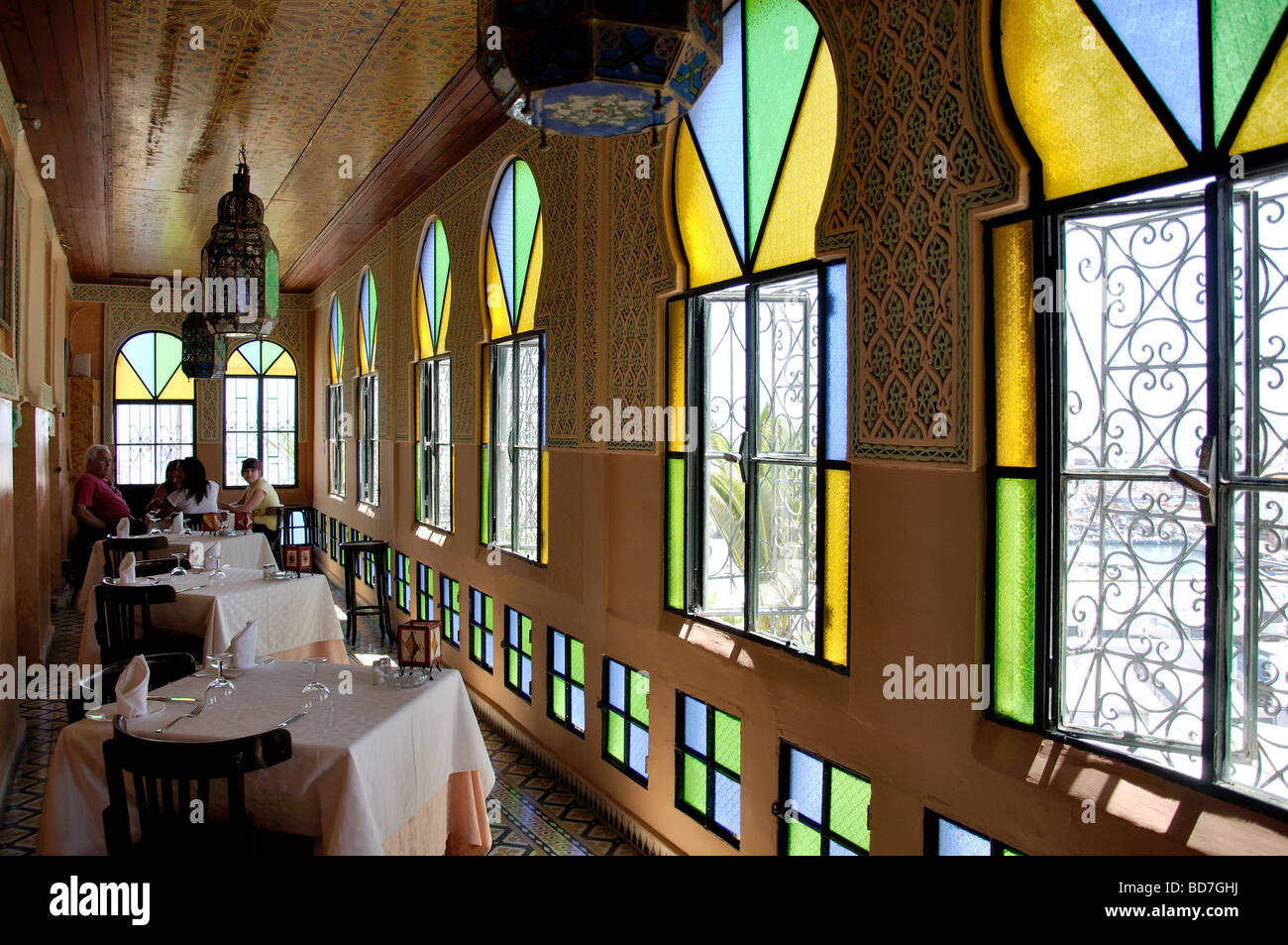 Balcony restaurant, Hotel Continental, Rue Dar El Baroud, Medina, Tangier, Tangier-Tétouan Region, Morocco Stock Photo