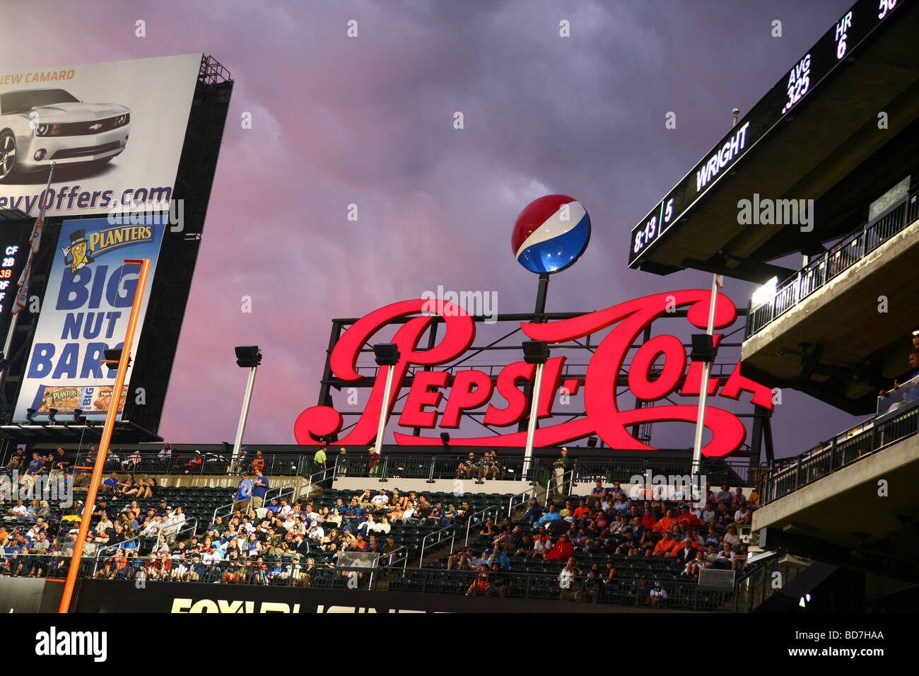Neon Pepsi sign over the Pepsi Porch section of Citi Field at dusk, Queens, NY, USA Stock Photo