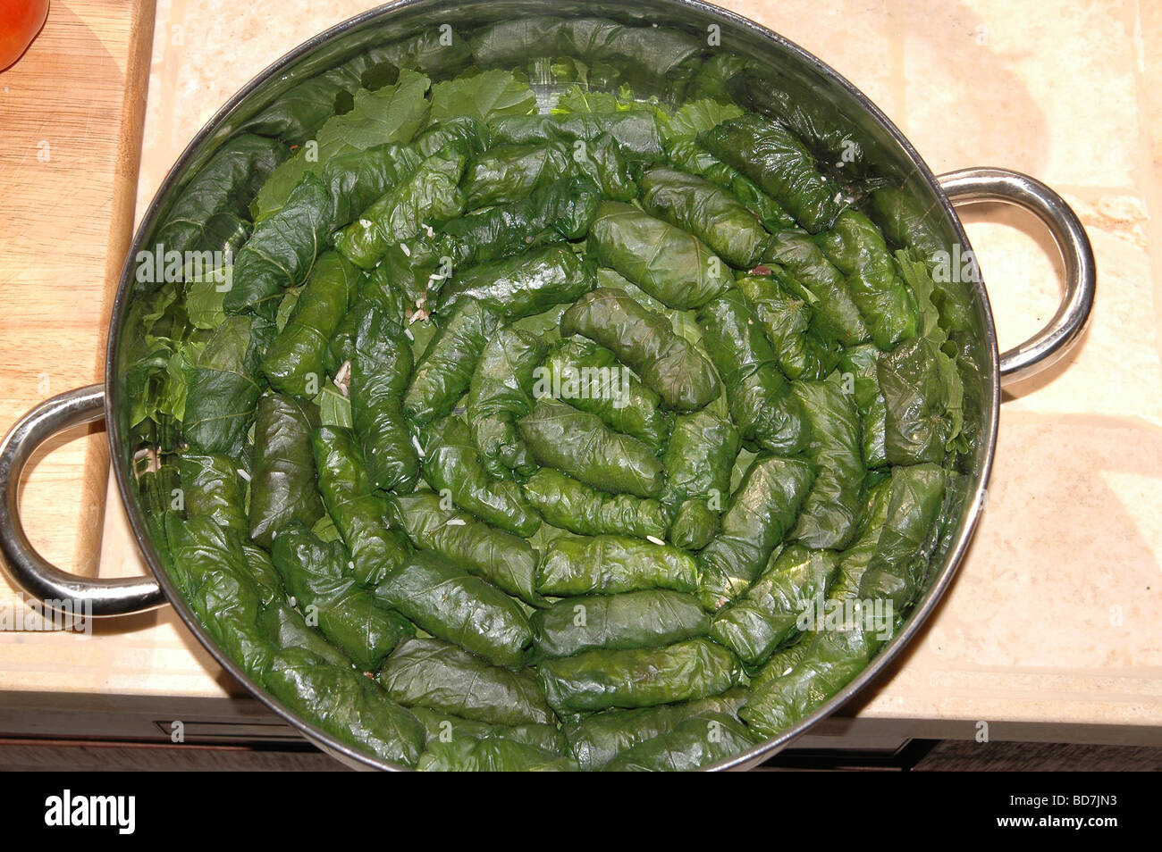 Stuffed common mallow Malva sylvestris leaves filled with rice and minced meat Stock Photo