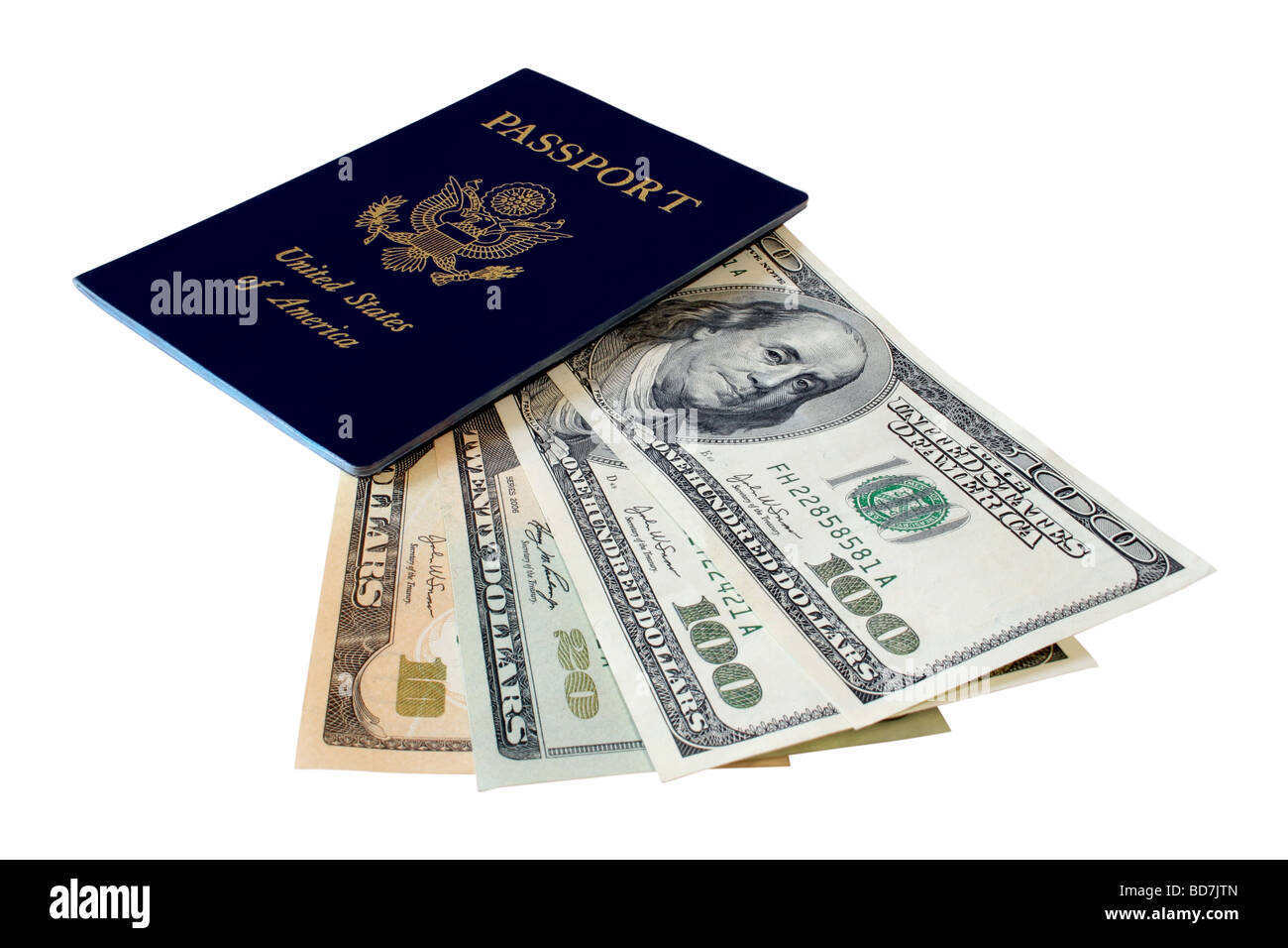 US passport and US dollars on white background Stock Photo