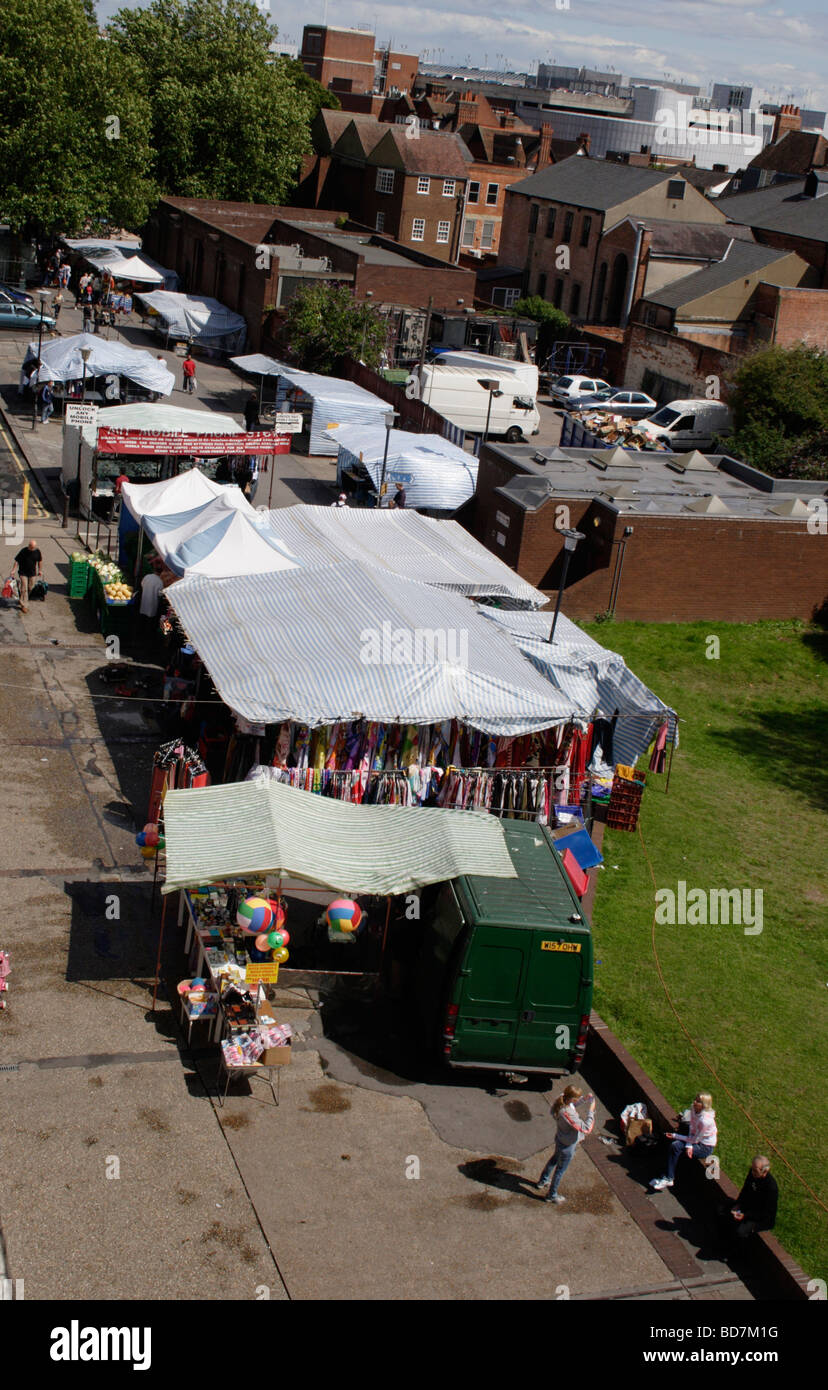 Aerial view of street market Hosier street Reading Berkshire July 2009 Stock Photo