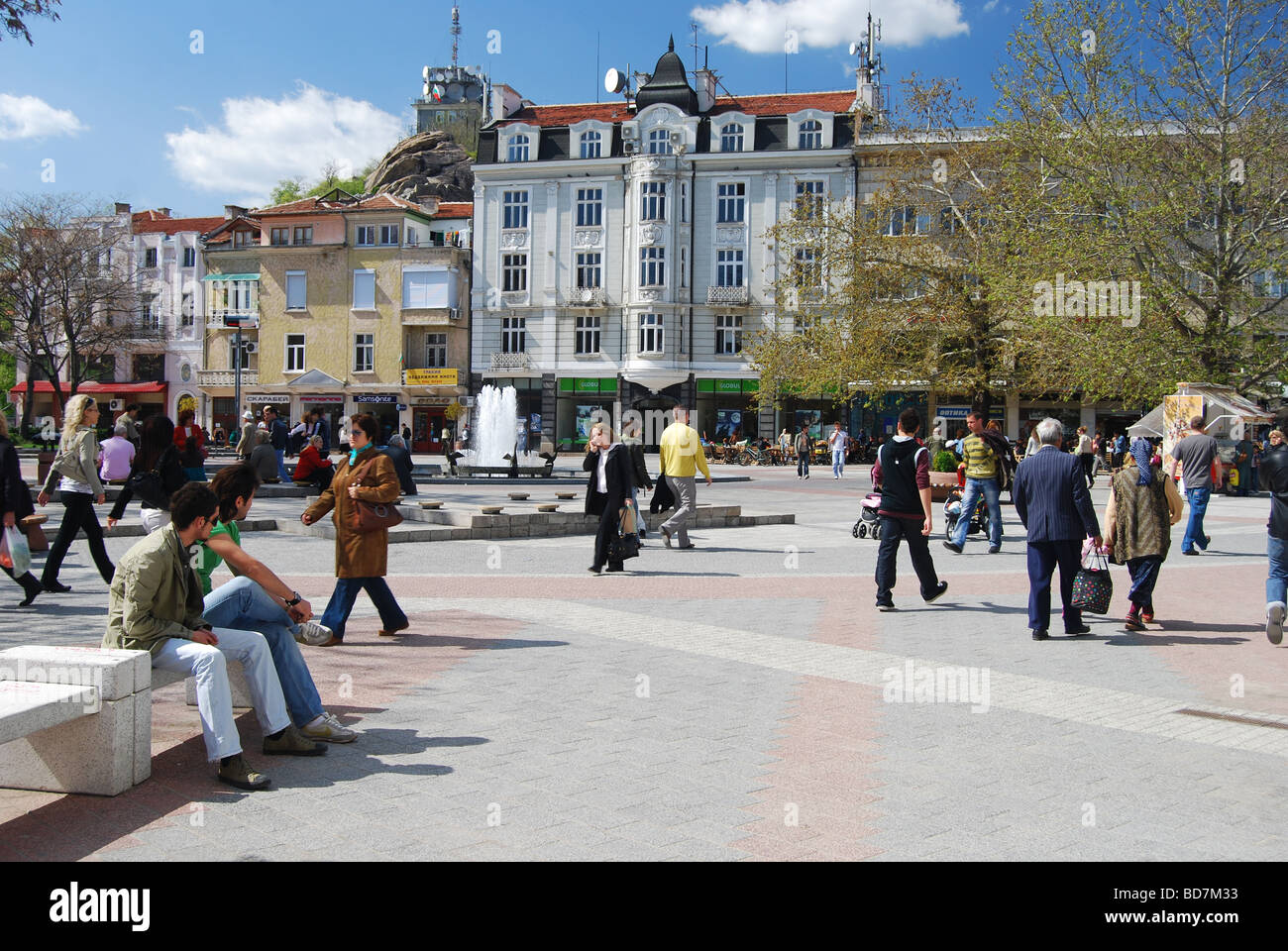 Center of Plovdiv, square with fountain, Bulgaria Stock Photo