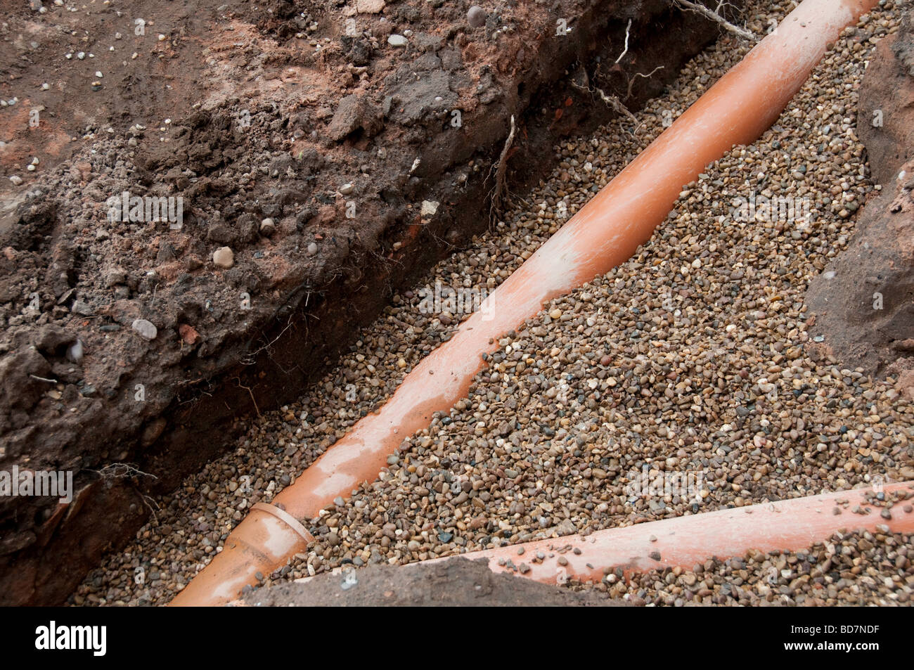 New plastic drains laid in bed of pea gravel before being backfilled