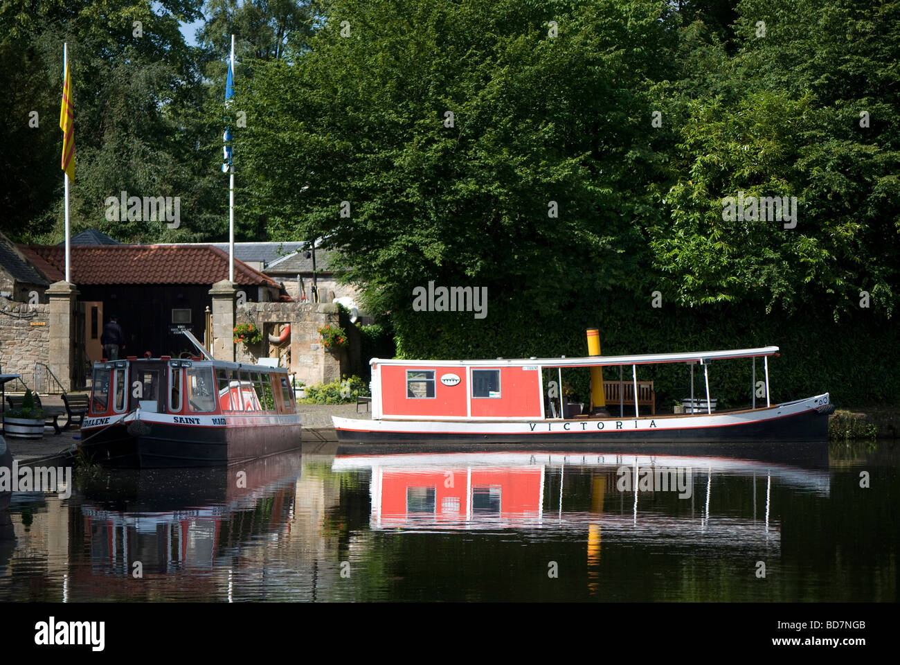 Steampowered barge at the canal basin at Linlithgow, Scotland Stock