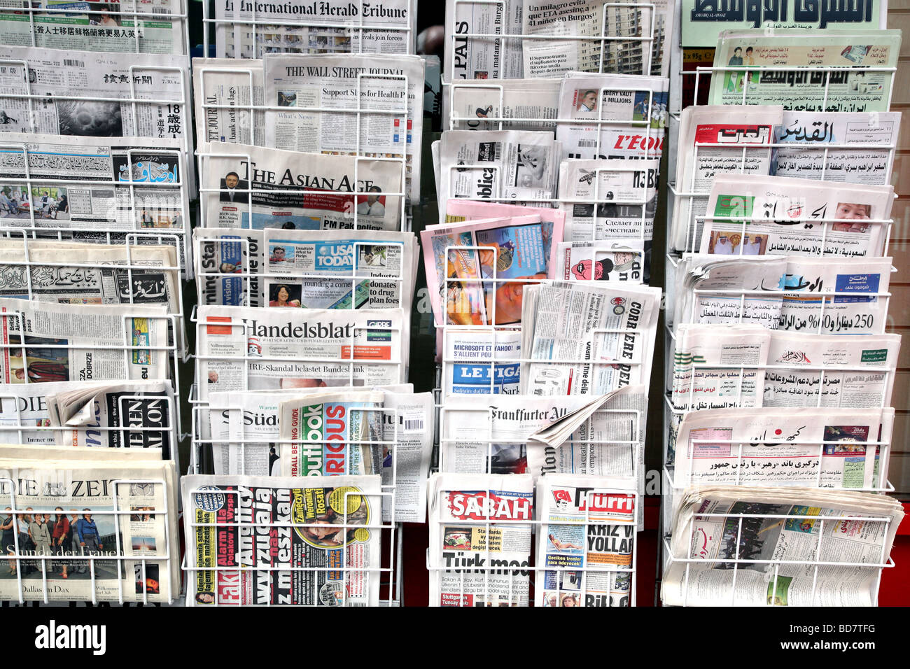 Foreign newspapers on sale in London Stock Photo