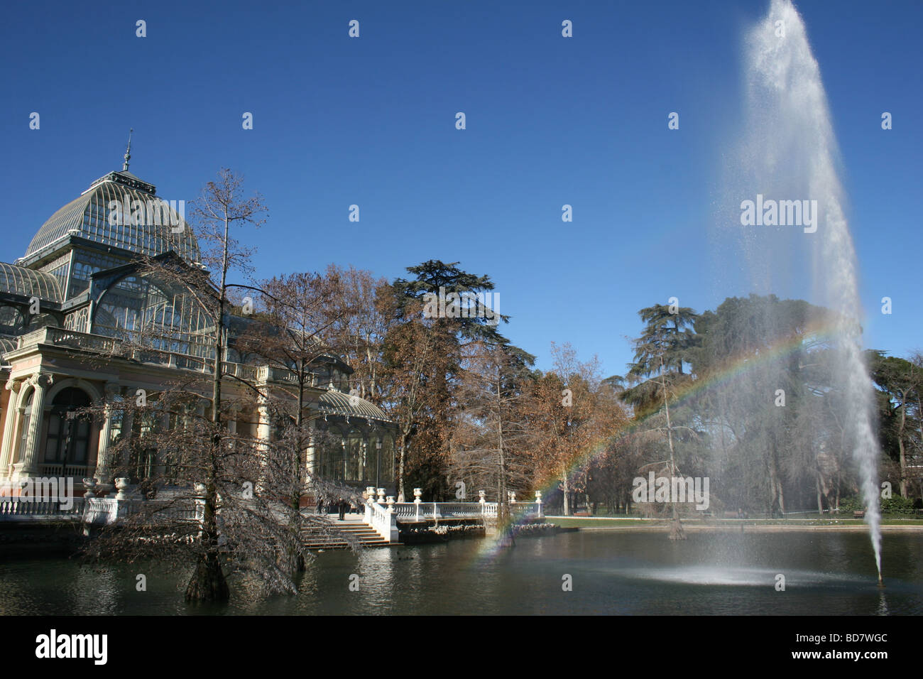 Water fountain in front of the Palacio de Cristal in Retiro Park, Madrid, Spain Stock Photo