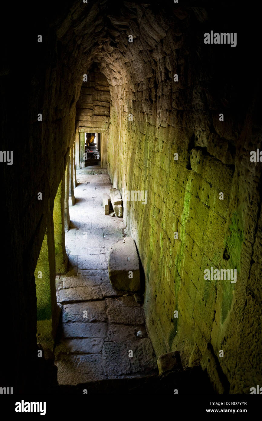 A moss-covered corridor with high vaulted ceiling in the Bayon temple, Angkor Wat, Cambodia Stock Photo