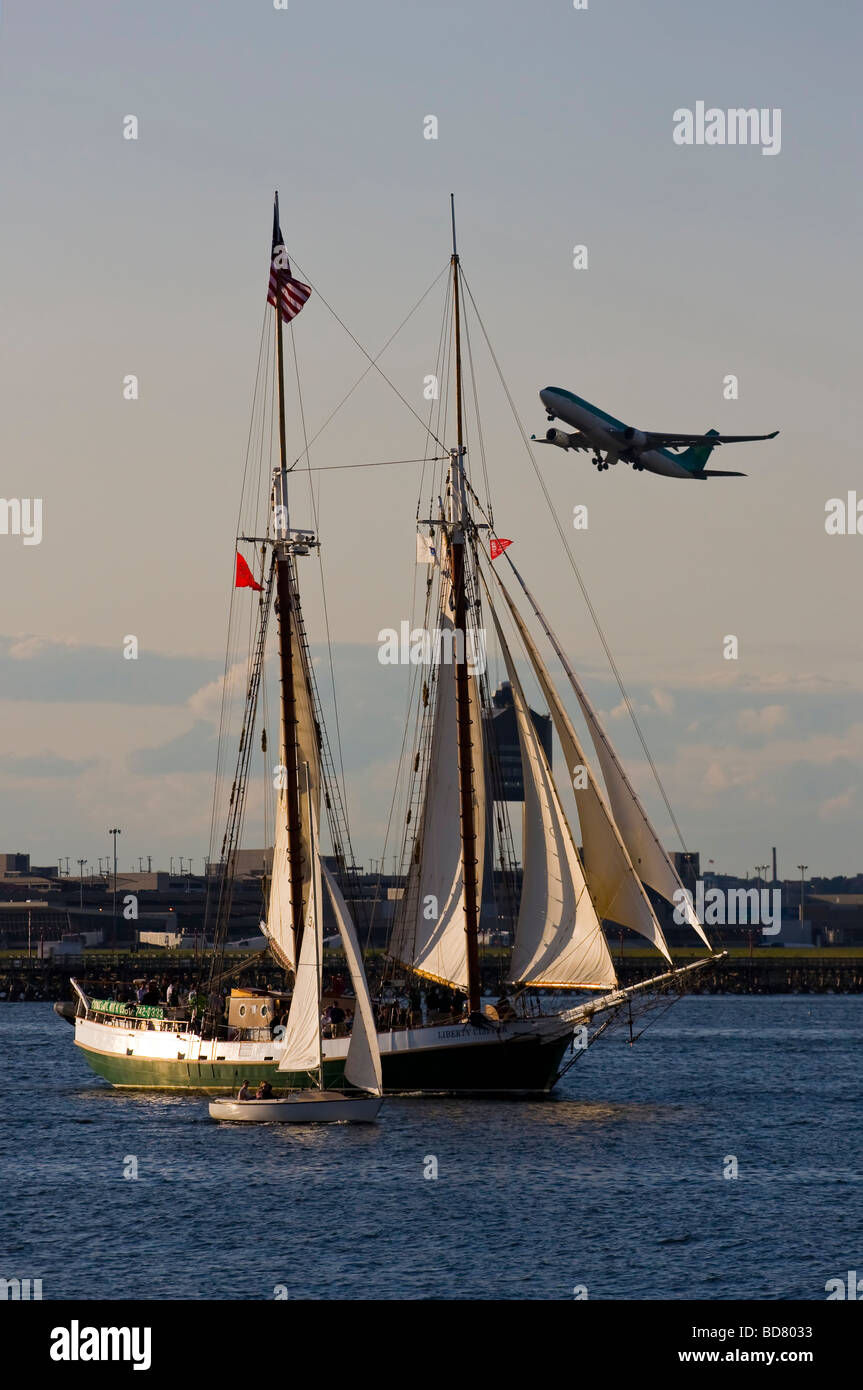 Sail Boston 2009.  Tall Ship 'Liberty Clipper' with Air Lingus jet plane in background. Stock Photo