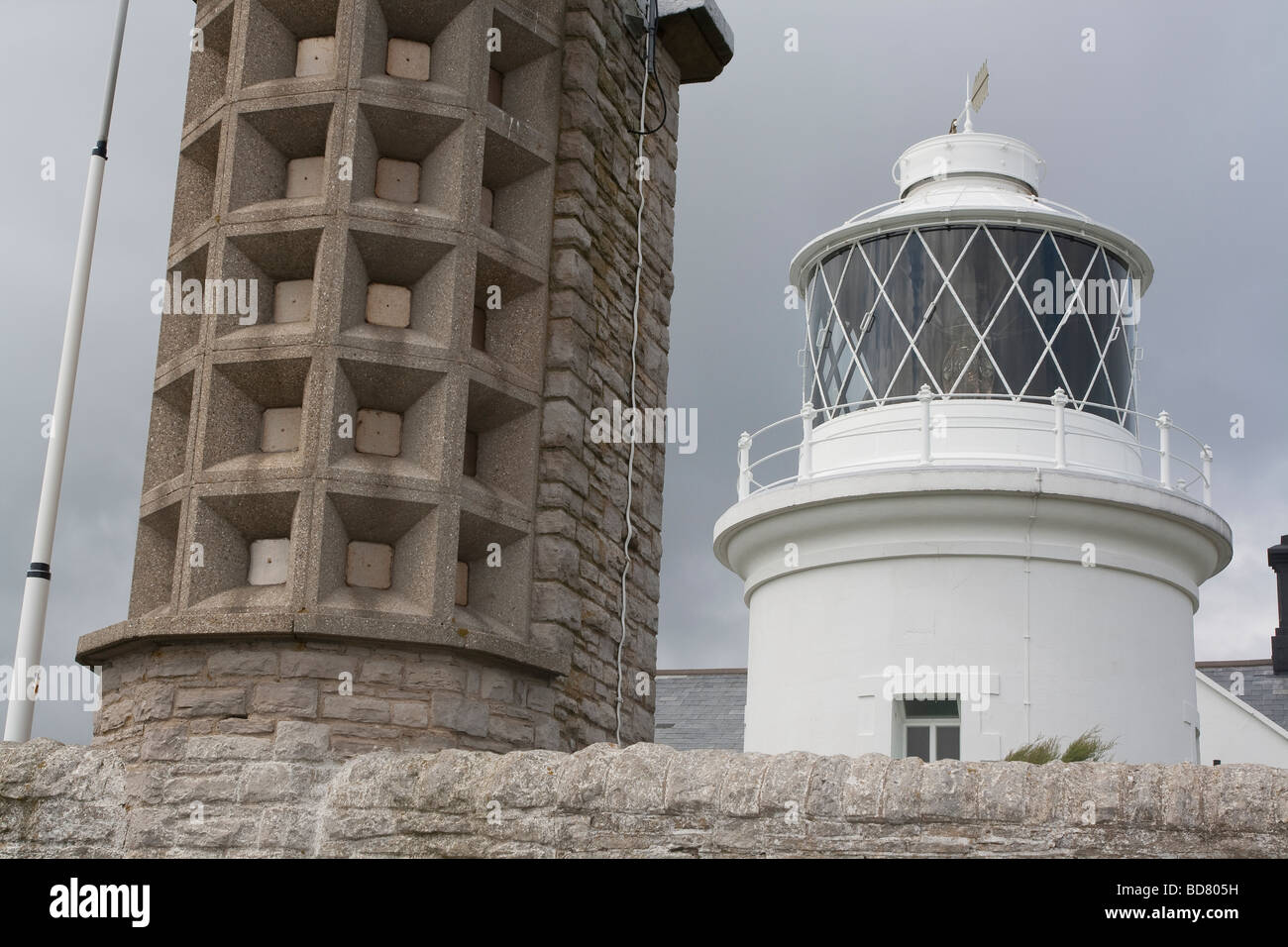 The foghorn and main tower of Anvil Point Lighthouse, Dorset, UK Stock Photo