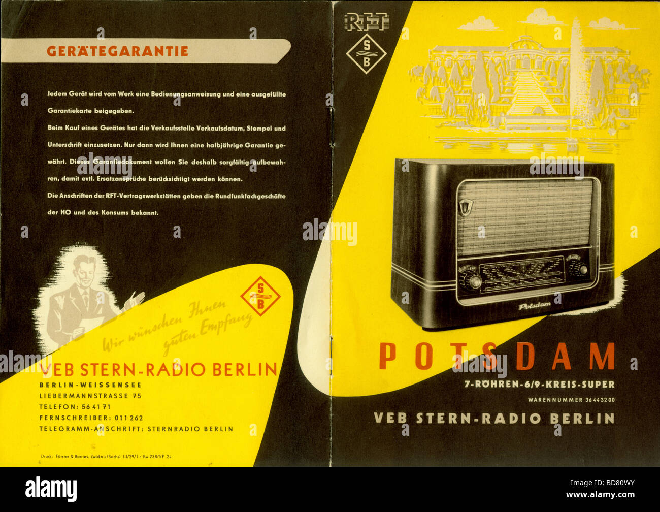 broadcast, radio, radio sets, manual of radio 'Mittelsuper Potsdam', made by VEB Stern-Radio Berlin, GDR, 1957, Stock Photo