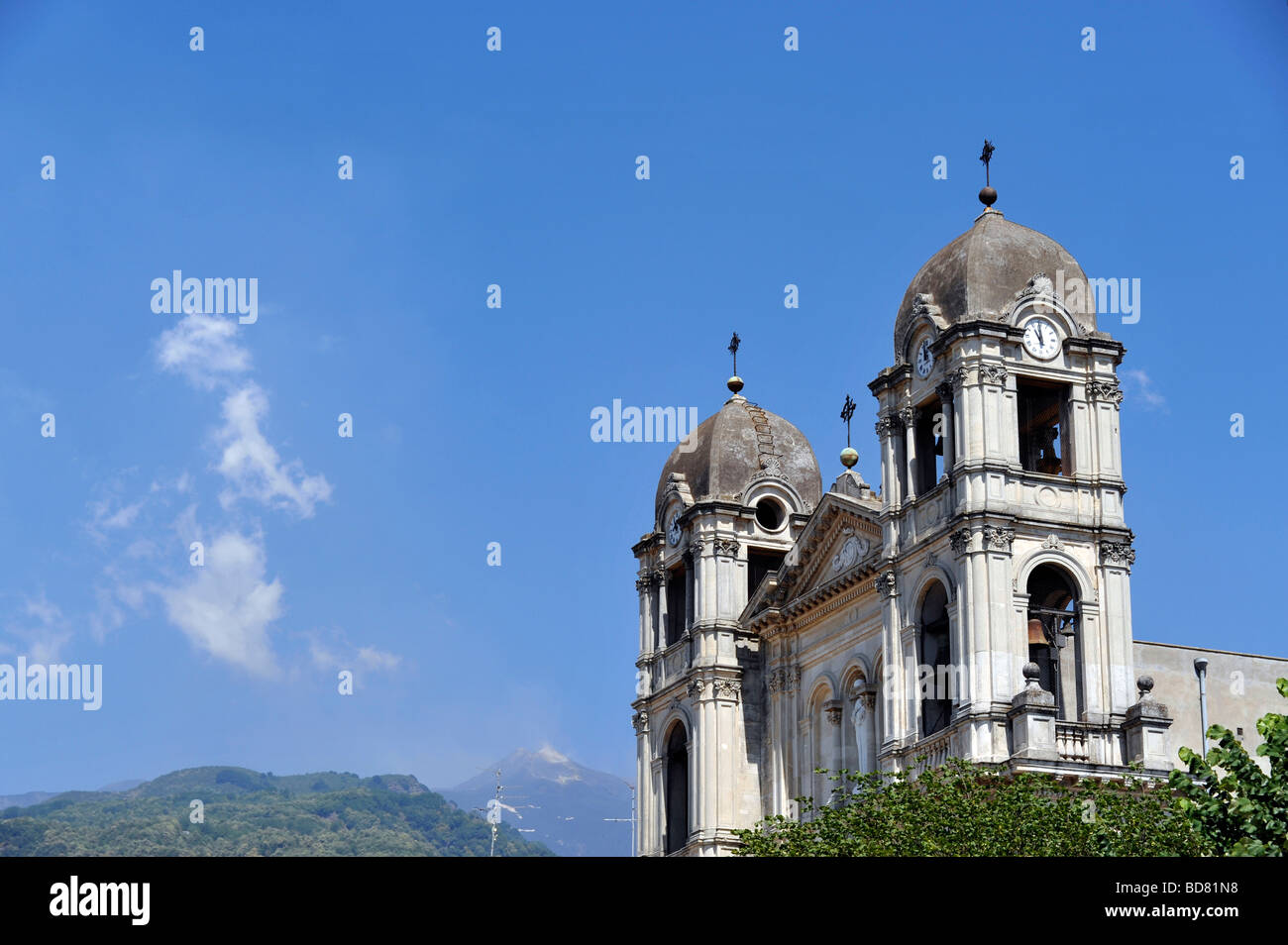 Zafferana Etnea Cathedral and Mount Etna in Distance Stock Photo