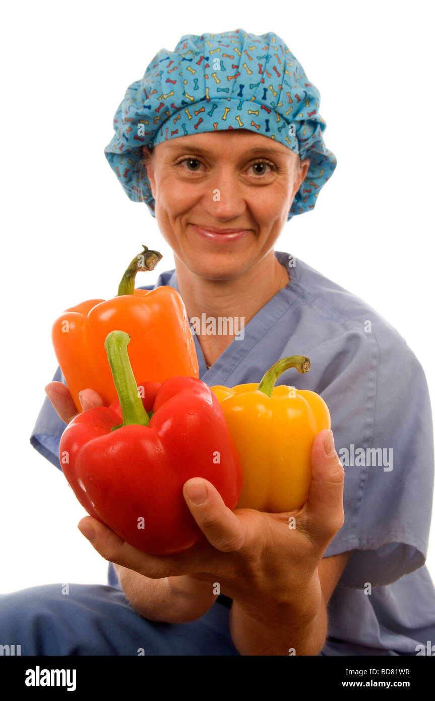 doctor nurse lady female food vegetable peppers bell peppers pepper red