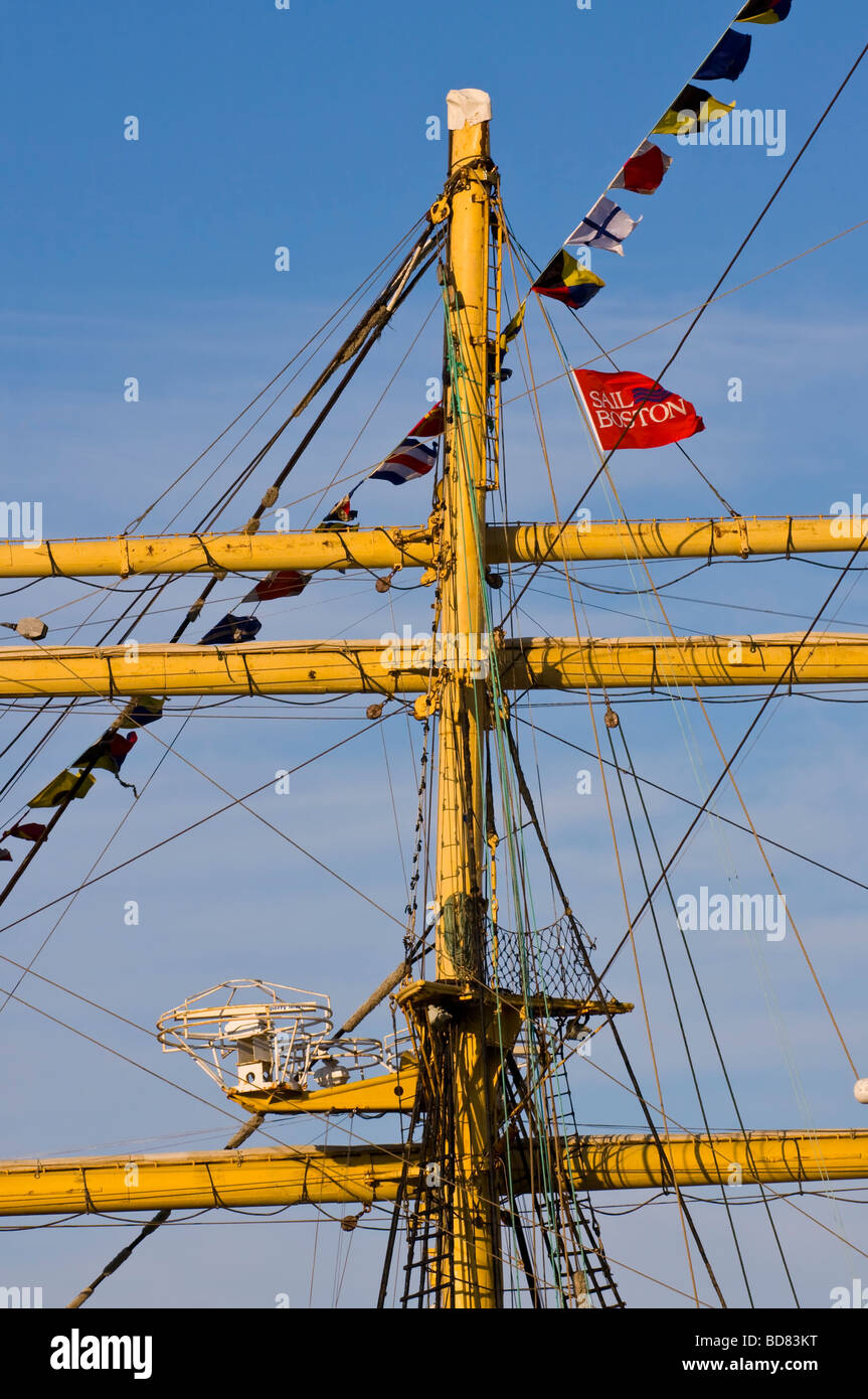 Sail Boston 2009. Tall Ship Mast with Sail Boston Flag flying Stock