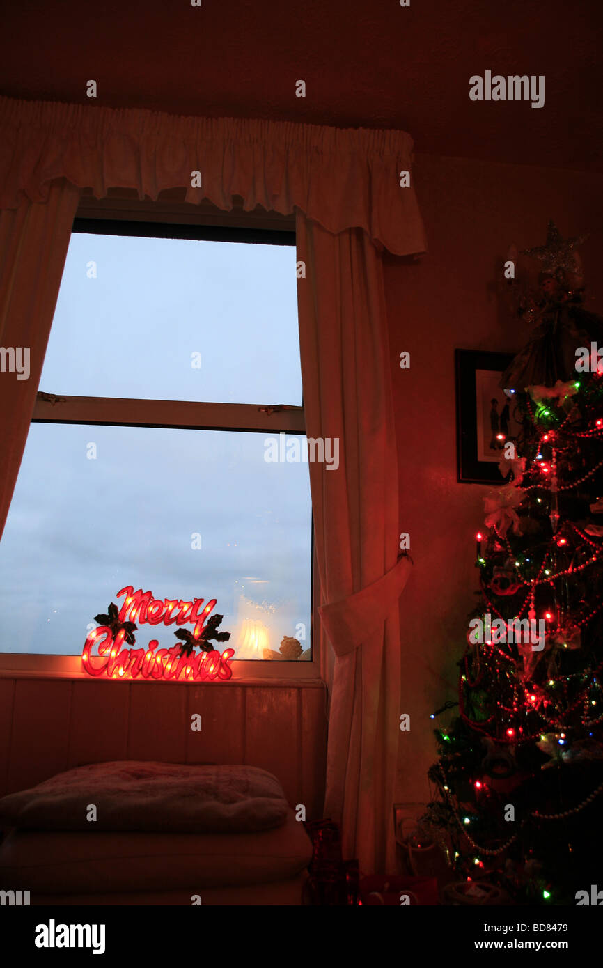 merry christmas lights decorations in window Stock Photo Alamy