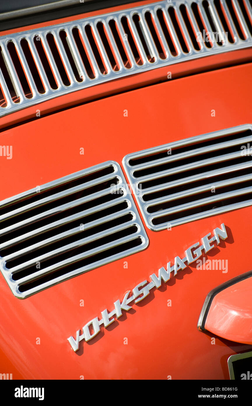 Close up detail on the boot of a red volkswagen beetle car Stock Photo