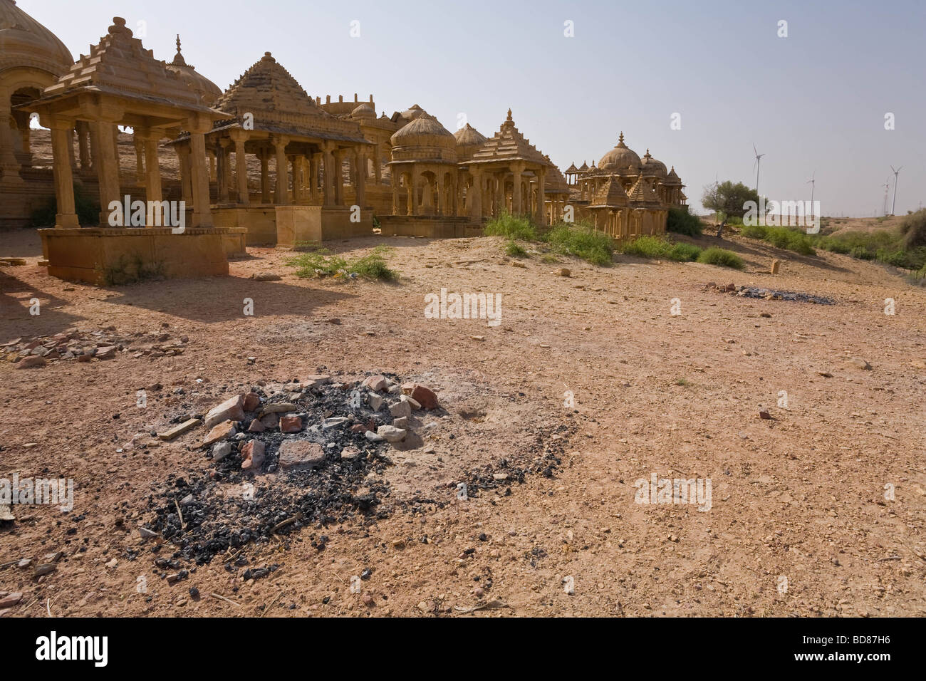 The remains of small fires in front of the memorials at Bada Bagh near Jaisalmer Stock Photo