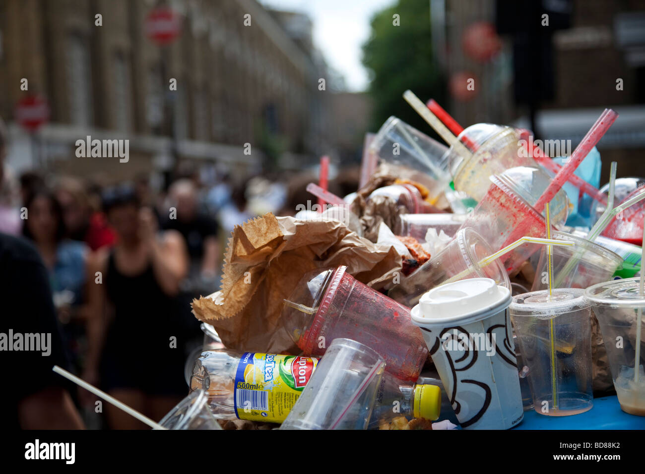 Rubbish overflows the bins on Brick Lane Market. Extreme amounts of