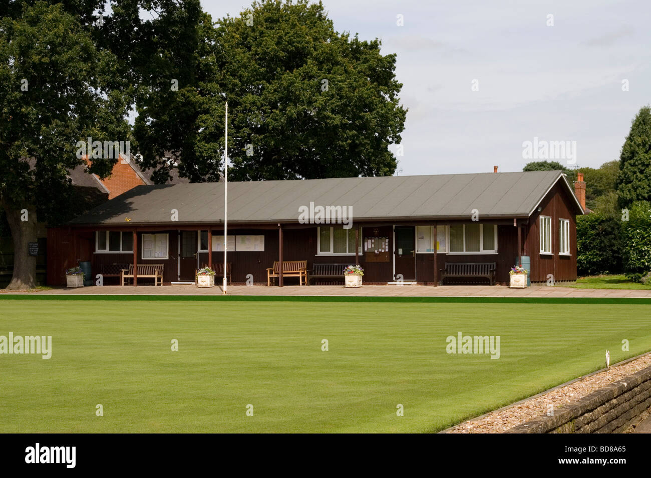 A bowling green and clubhouse pavilion in Market Bosworth. Stock Photo