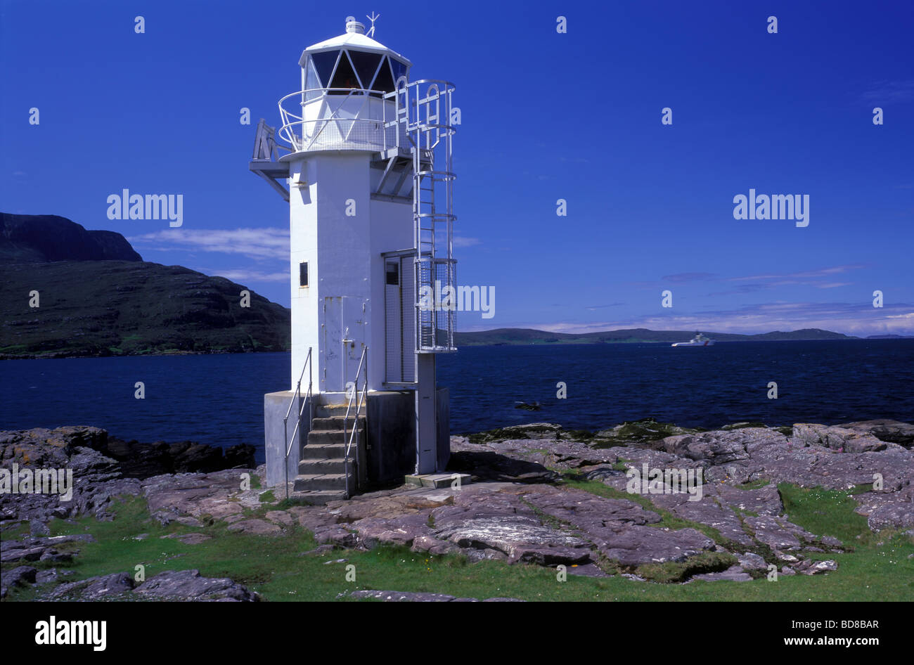 Rubha Cadail lighthouse at Rhue near Ullapool, Sutherland, Scotland Stock Photo