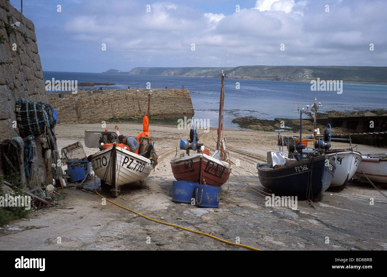 Small fishing boats in the harbour at Sennen Cove in Cornwall on the ...