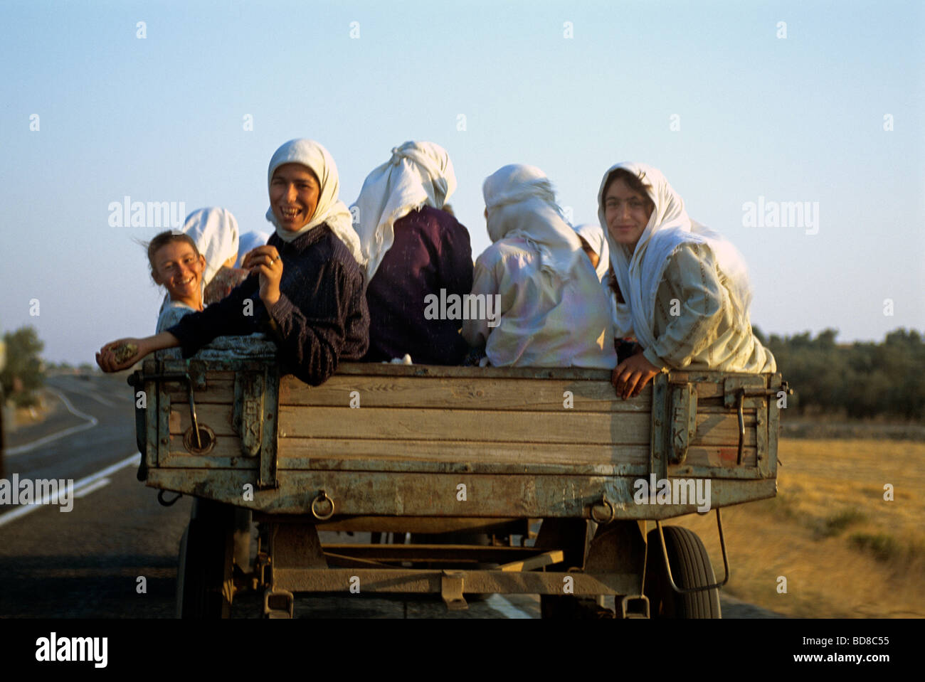 Women field workers ride in open truck Stock Photo