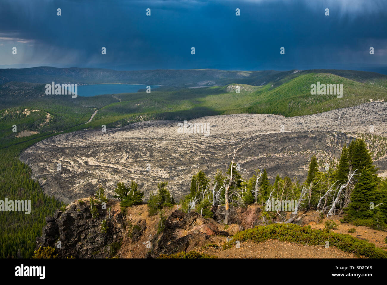 Thunderstorm moving over East Lake and lava flow Newberry Caldera near Bend, Oregon Stock Photo