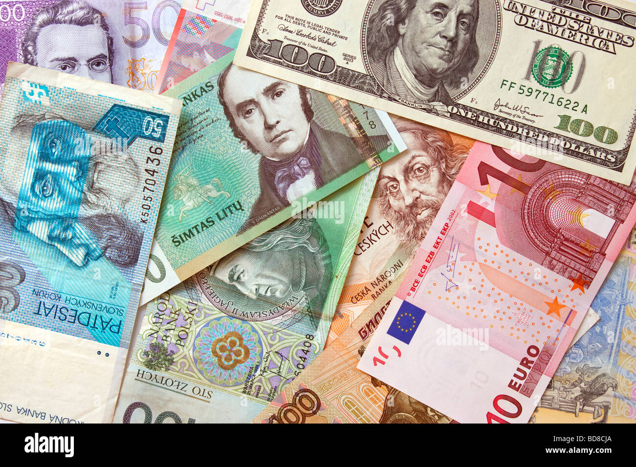 Background of different European and American currencies. Stock Photo
