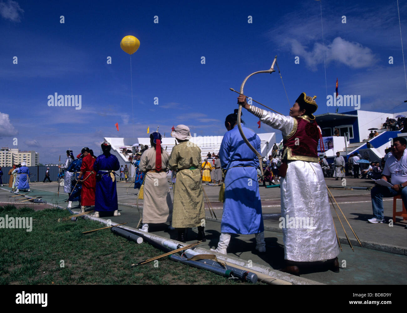 Archers during the Naadam contest, Ulaanbaatar, Mongolia Stock Photo