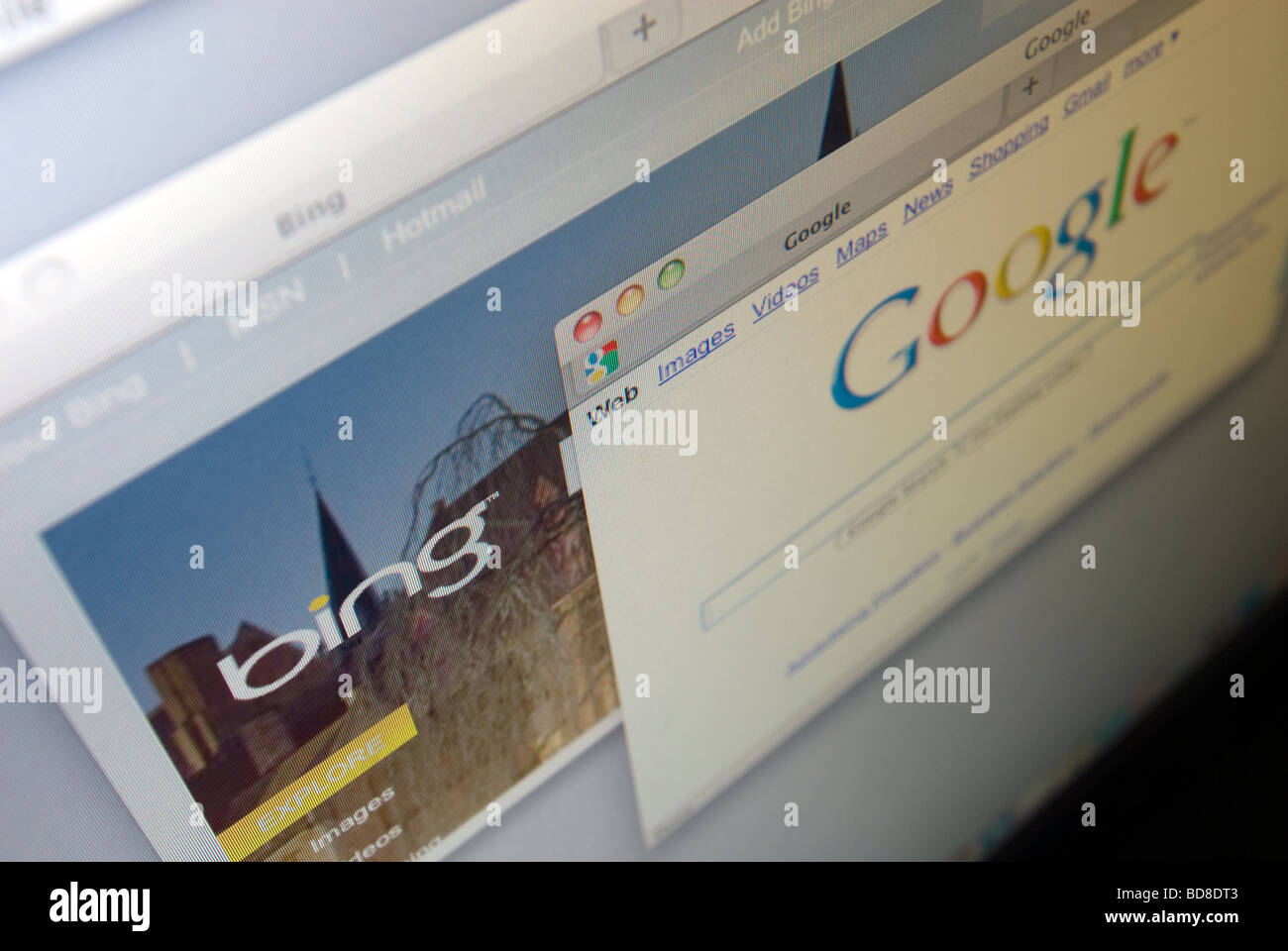 Microsoft s Bing and Google search engines are seen on a computer screen Stock Photo