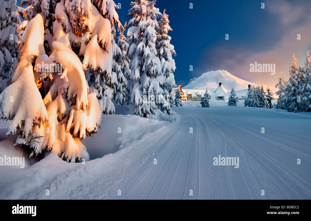 Timberline Lodge and Mt Hood with ski run after heavy new snow Oregon Stock Photo